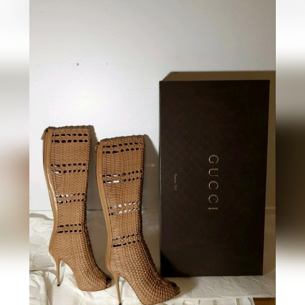 Gucci Brown Woven Heeled Boots - Picture 3 of 6